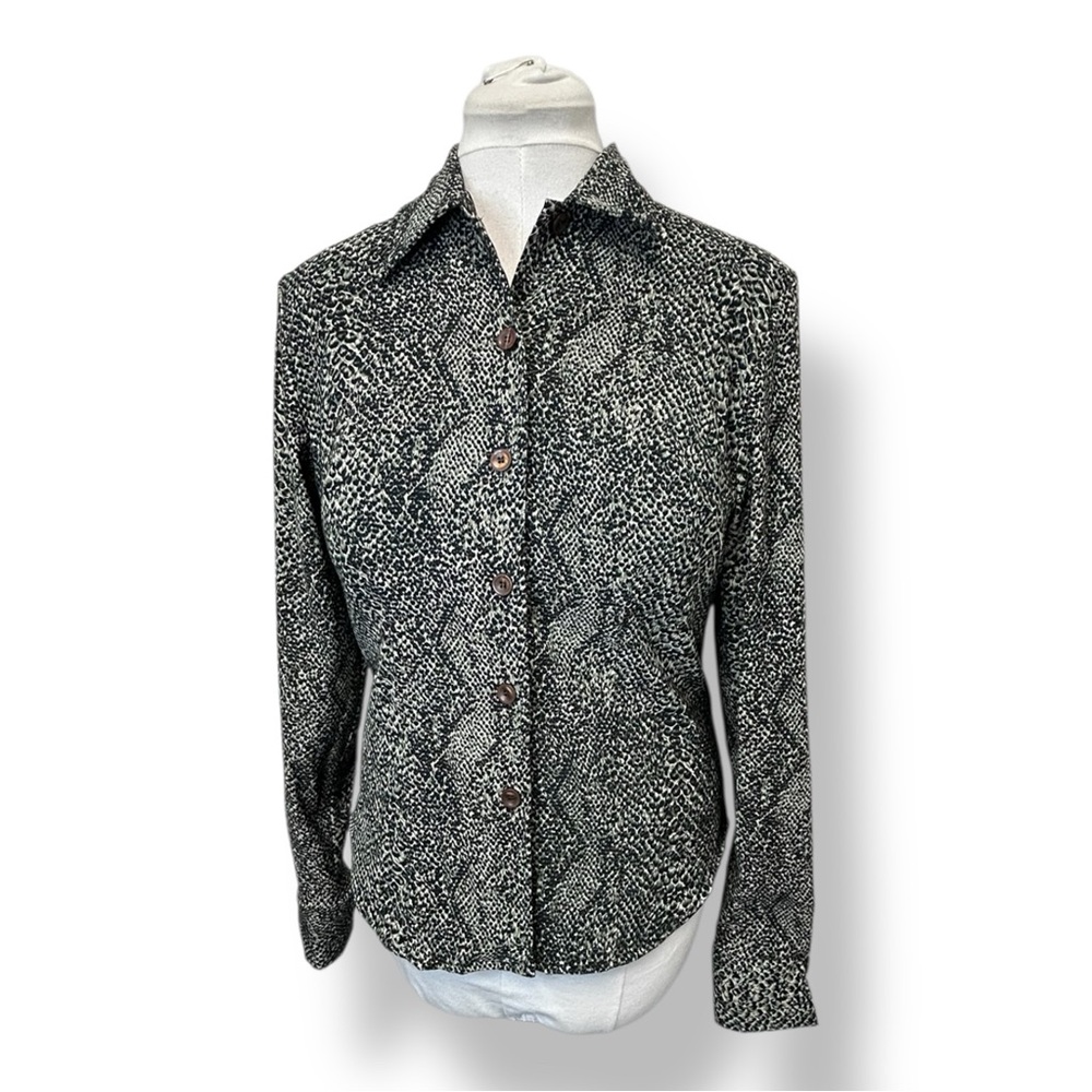 Giorgio Fiorlini Womens Button Up Shirt VTG Animal Print Stretch Black/Olive M